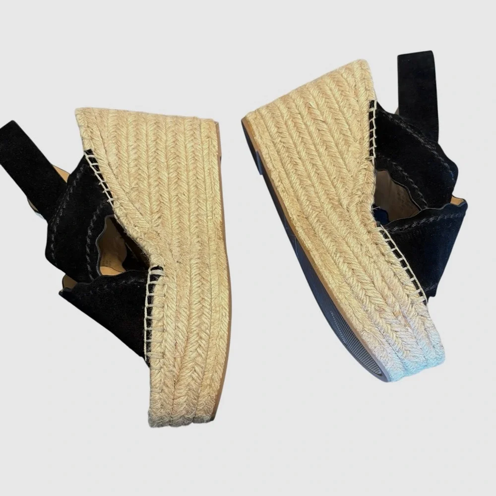 Marc Fisher Mlaria Black Suede Tan  Espadrille Wedge Platform Sandals